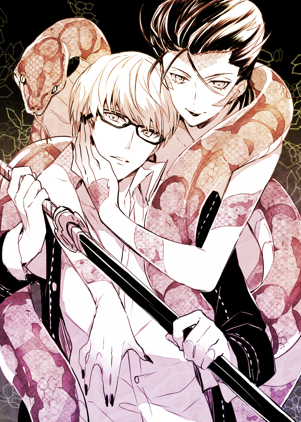 1boy 1girl anaconda glasses hand_on_another&#039;s_face hetero hug hug_from_behind katana kuroemon lilith_(megami_tensei) narukami_yu partially_colored persona persona_4 short_hair smile snake sword weapon
