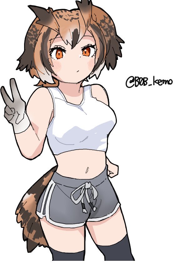 1girl alternate_costume b0b_kemo bare_shoulders bird_girl bird_tail bird_wings black_thighhighs blush brown_eyes brown_hair cowboy_shot dolphin_shorts eurasian_eagle_owl_(kemono_friends) gloves grey_gloves grey_shorts hair_between_eyes head_wings kemono_friends light_brown_hair midriff multicolored_hair navel owl_ears owl_girl shirt short_hair short_shorts shorts sidelocks tail tank_top thighhighs v white_hair white_shirt wings