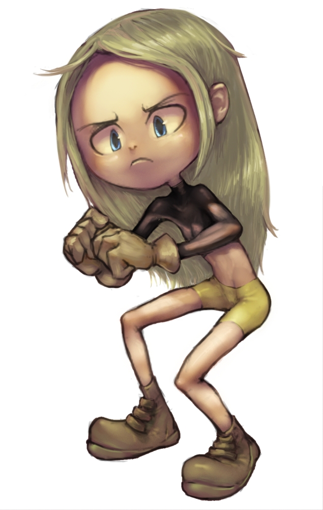 1girl angry black_shirt blonde_hair blue_eyes boots brown_boots brown_gloves cartoon_network conoghi dc_comics fighting_stance gloves green_shorts long_hair midriff navel shirt short_sleeves shorts standing superhero_costume teen_titans teen_titans_go! terra_(dc) white_background