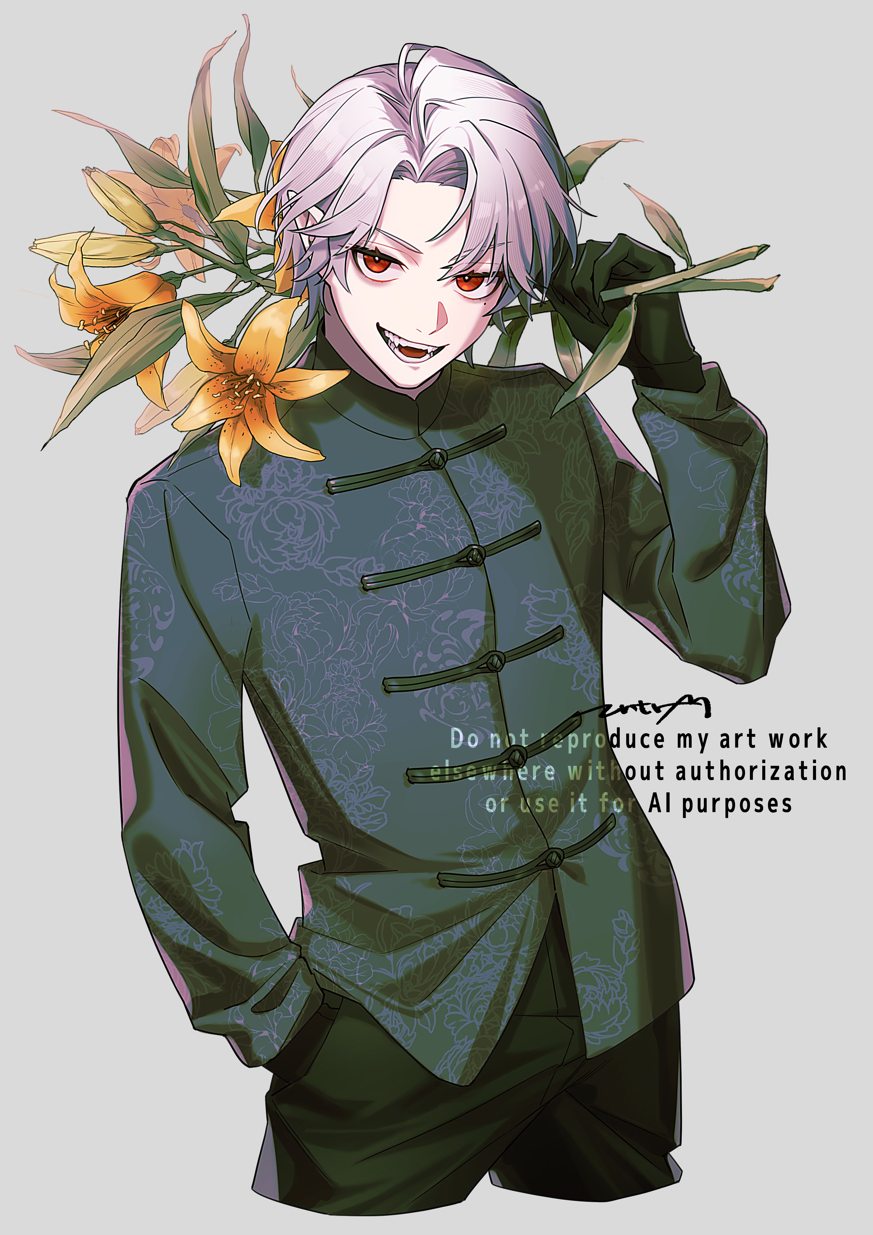 1boy absurdres black_gloves black_pants black_shirt chinese_clothes collared_shirt fangs flower gloves grey_background hand_in_pocket highres holding holding_flower kuzuha_(nijisanji) looking_at_viewer matsugi_zuntaro mole mole_under_eye nijisanji open_mouth pants parted_bangs red_eyes shirt simple_background smile virtual_youtuber white_background