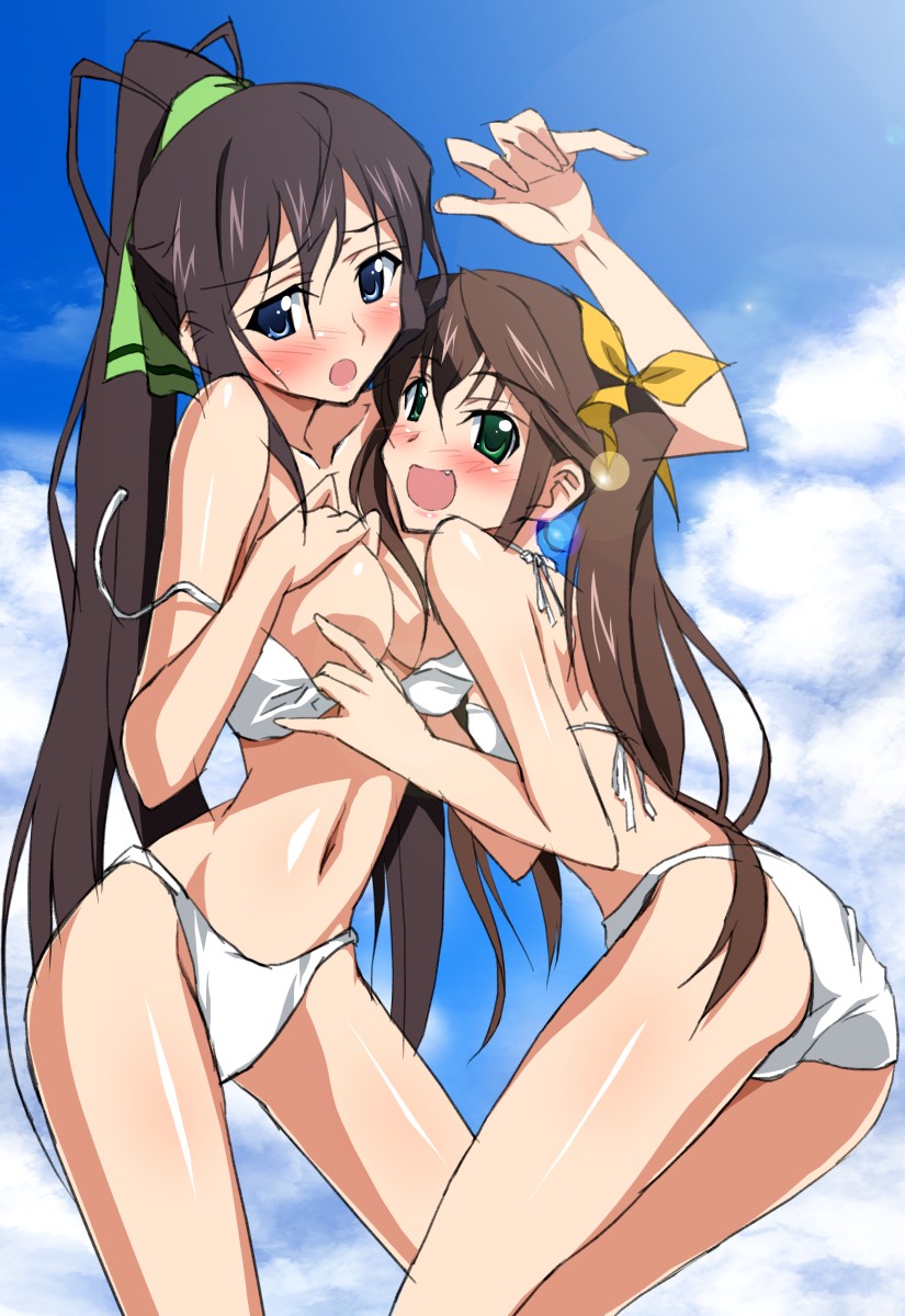10s 2girls bikini black_hair blue_eyes blush breasts brown_hair cloud fang green_eyes hair_ribbon high_ponytail highres huang_lingyin infinite_stratos long_hair midriff multiple_girls navel no_nipples open_mouth ponytail ribbon sanshita shinonono_houki sky smile swimsuit thighs twintails wardrobe_malfunction white_bikini yuri