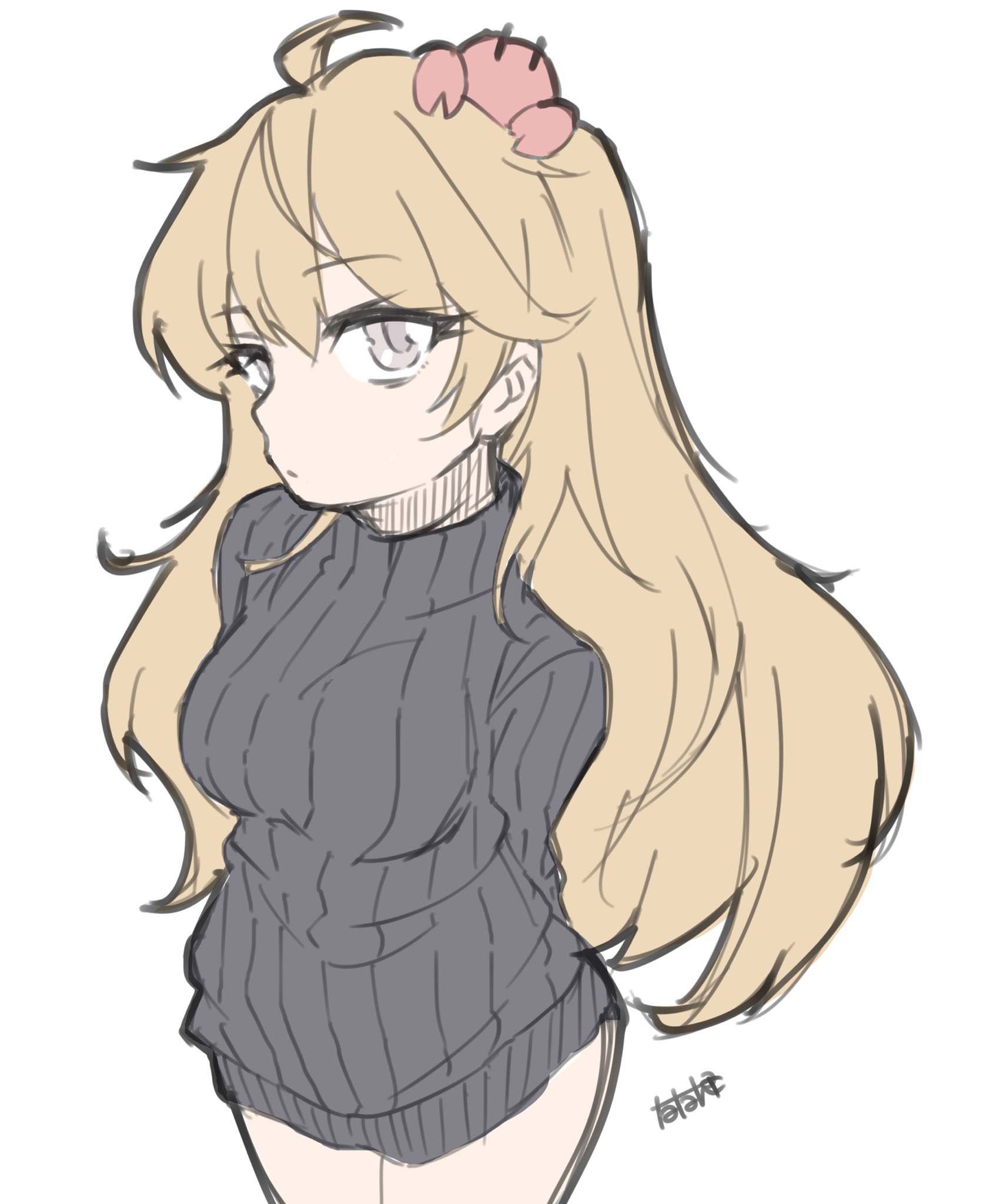 1girl alternate_costume alternate_hair_length alternate_hairstyle animal animal_on_head black_dress black_sweater brown_hair cowboy_shot crab crab_on_head dress grey_eyes highres kantai_collection long_hair oboro_(kancolle) on_head ribbed_sweater simple_background solo sweater sweater_dress tatahai white_background