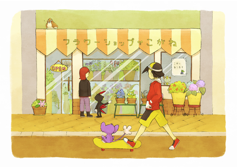 2boys aipom backwards_hat black_jacket ethan_(pokemon) flower flower_shop game_freak gen_1_pokemon gen_2_pokemon gen_4_pokemon hat hydrangea jacket legendary_pokemon male_focus meowth multiple_boys mythical_pokemon nintendo oddish pidgey plant pokemon pokemon_(creature) pokemon_adventures potted_plant red_hair red_jacket red_shoes satonaka shaymin shaymin_(land) shoes shop shorts silver_(pokemon) sitting skateboard sneasel storefront translation_request yellow_shorts