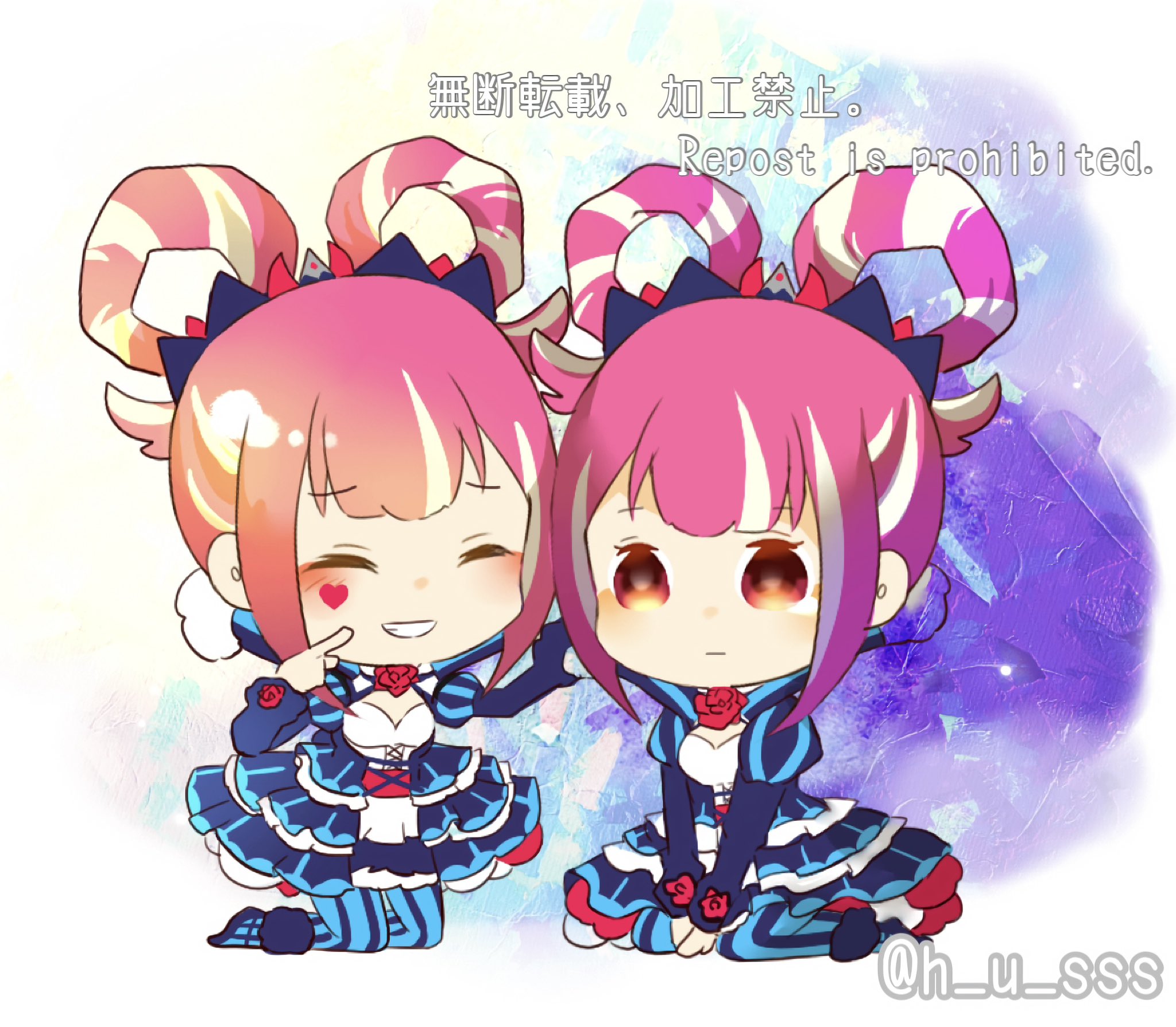 2girls aqua_pantyhose cross-laced_clothes cross-laced_dress dress facial_mark fire_emblem fire_emblem_engage folded_twintails fur_wrist_cuffs h_u_sss hair_flaps hair_rings heart heart_facial_mark highres hortensia_(fire_emblem) multicolored_tiara multiple_girls nintendo pantyhose pink_eyes pink_hair striped_clothes striped_dress two-tone_pantyhose wrist_cuffs