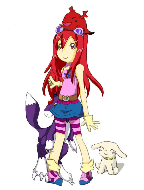 belt digimon dog dorumon gigimon holy_ring kizuna_(digimon) long_hair plotmon skirt