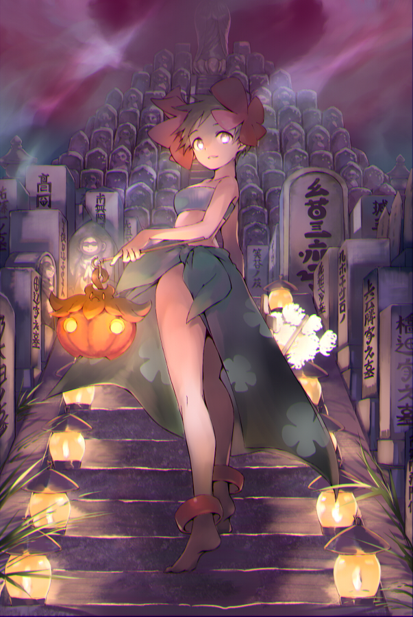 1girl anklet barefoot brown_hair commentary_request elite_four floral_print from_below gen_6_pokemon grave graveyard hair_ornament holding jewelry kneepits lamp looking_at_viewer looking_back nintendo orange_mikan parted_lips phoebe_(pokemon) pokemon pokemon_(creature) pokemon_rse pumpkaboo sarong short_hair stairs standing tombstone