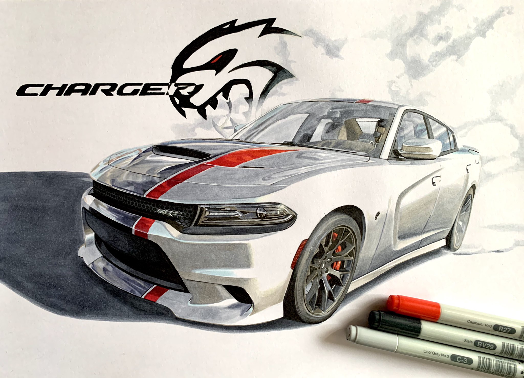 1boy art_tools_in_frame black_hair car dodge_(company) dodge_charger dodge_charger_(7th_generation) driving grey_car highres motor_vehicle original shadow solo sumakun sunglasses vehicle_focus vehicle_name