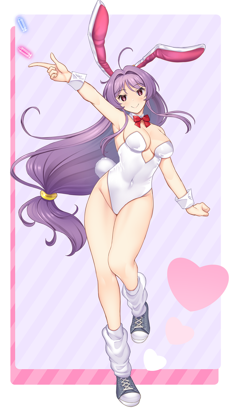 1girl ahoge alternate_costume animal_ears blue_footwear bow bowtie breasts center_opening cleavage curvy detached_collar hair_between_eyes hair_intakes hataraki_kuma heart highres legs leotard long_hair looking_at_viewer loose_socks low-tied_long_hair medium_breasts navel open_mouth playboy_bunny purple_hair rabbit_ears rabbit_girl rabbit_tail red_bow red_bowtie red_eyes reisen_udongein_inaba smile socks solo striped_background syringe tail thighs touhou wrist_cuffs