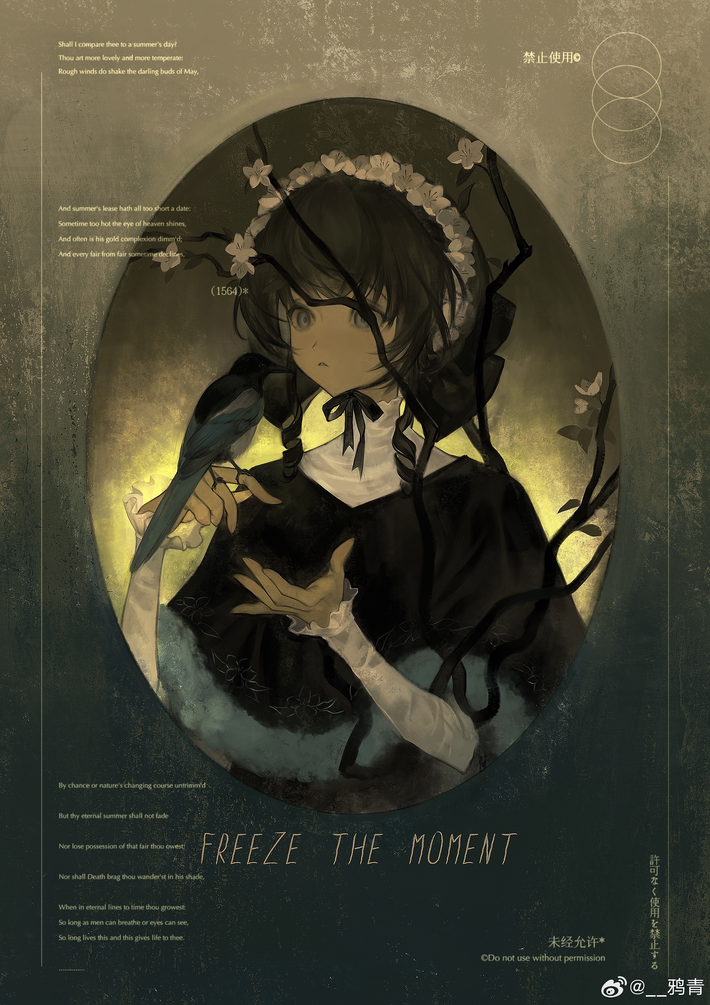 absurdres bird bird_on_hand black_capelet black_ribbon blue_eyes border braid brown_hair capelet commentary commission expressionless eyelashes flower flower_hairband fur-trimmed_capelet fur_trim gradient_background grey_background hair_over_shoulder highres long_hair long_sleeves looking_ahead magpie neck_ribbon original parted_lips ribbon round_border sample_watermark shirt sleeves_past_wrists symbol-only_commentary turtleneck turtleneck_shirt twin_braids watermark weibo_watermark white_flower white_shirt yaqing