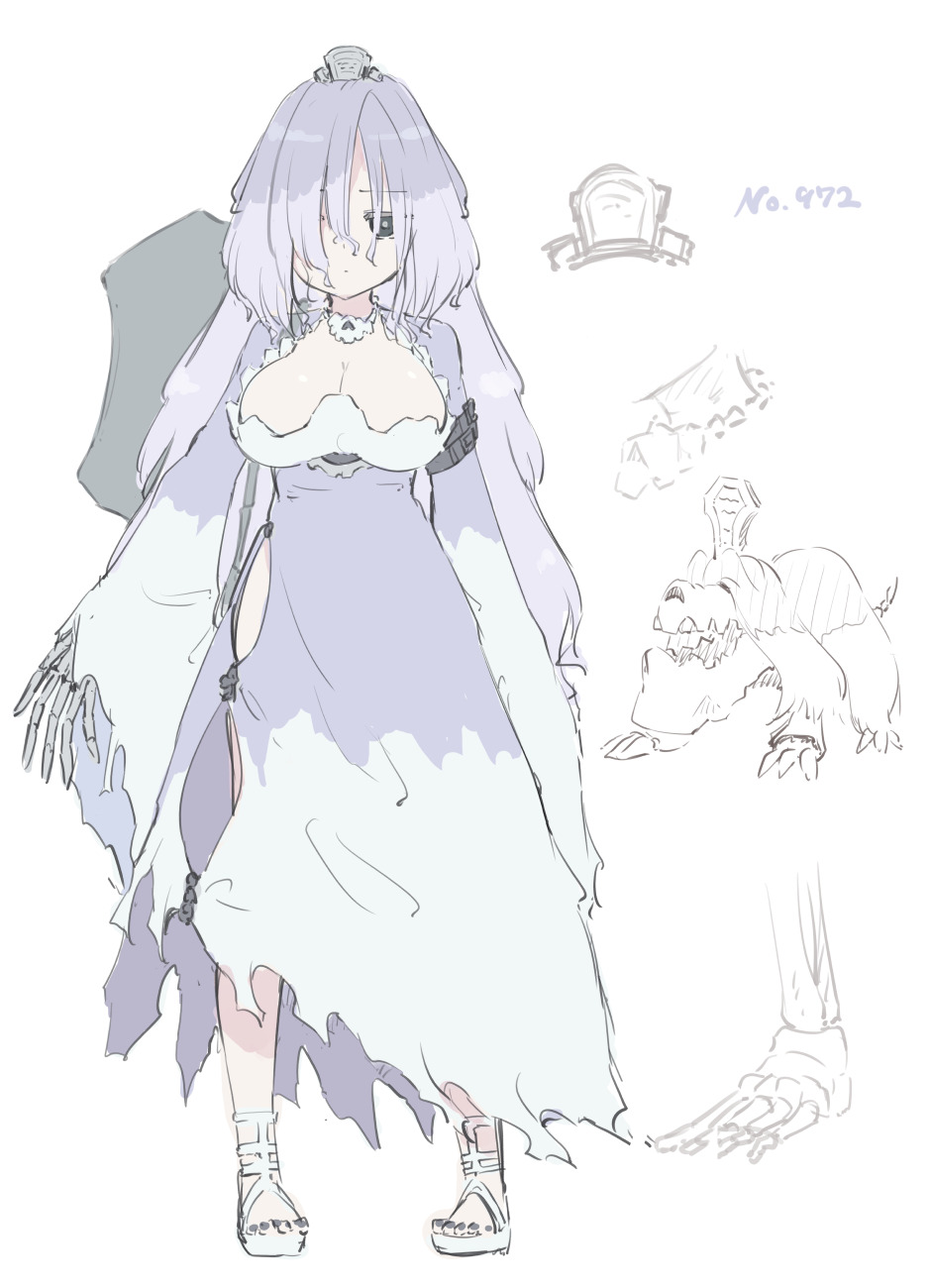 1girl black_nails breasts cleavage closed_mouth creature_and_personification dress grey_dress grey_eyes grey_hair hair_over_one_eye highres homura_subaru houndstone large_breasts long_hair long_sleeves nail_polish nintendo personification pokedex_number pokemon pokemon_(creature) sandals simple_background skeletal_hand sleeves_past_wrists toenail_polish toenails tombstone very_long_hair white_background white_footwear wide_sleeves