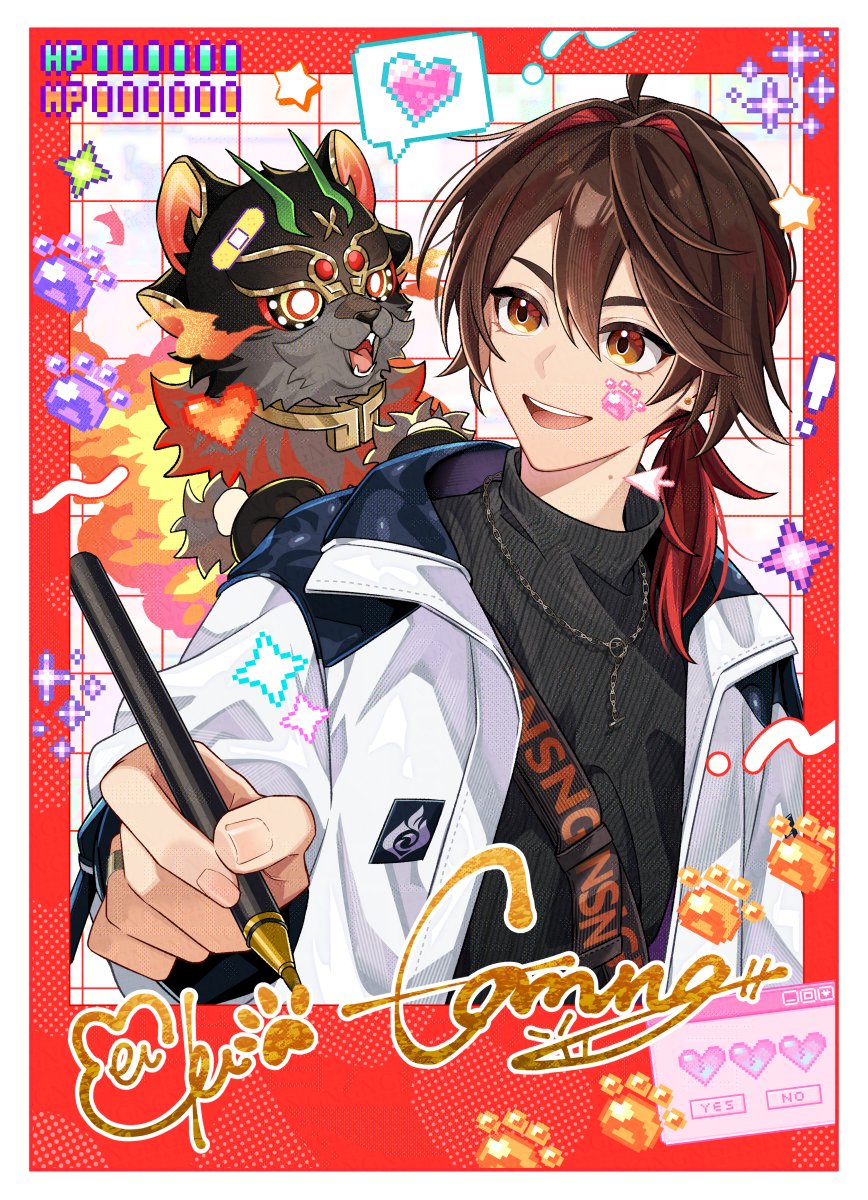 ! 1boy 1other black_sweater brown_eyes brown_hair character_name character_signature con_potata gaming_(genshin_impact) genshin_impact hair_between_eyes heart highres holding holding_pen jacket long_hair long_sleeves looking_at_viewer male_focus man_chai_(genshin_impact) mask multicolored_hair open_mouth pen ponytail red_hair signature simple_background smile star_(symbol) sweater turtleneck turtleneck_sweater white_jacket