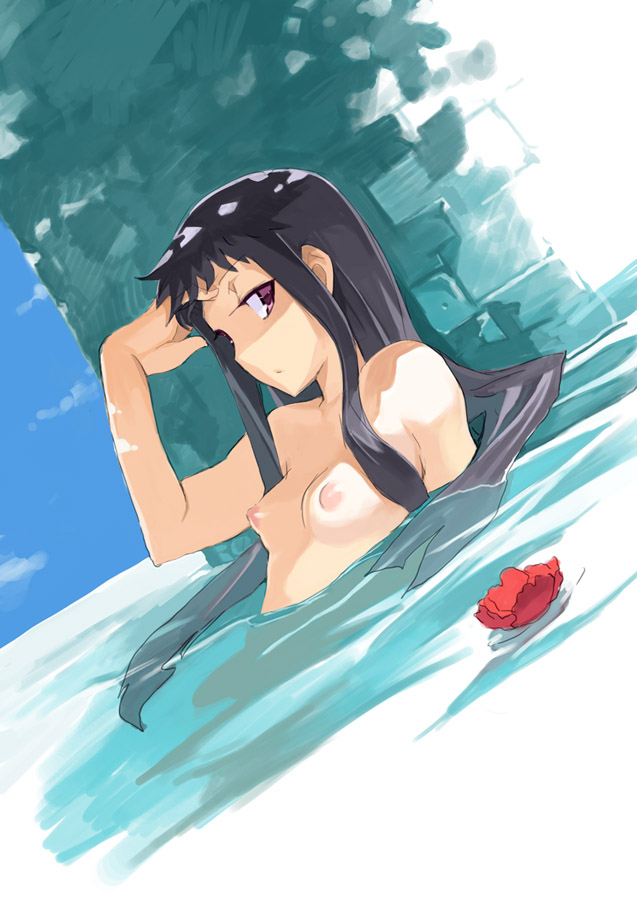 1girl ar_tonelico ar_tonelico_ii arm_up bare_shoulders black_hair breasts dutch_angle female_focus flower inu777 jakuri_(ar_tonelico) long_hair lying nipples partially_submerged puffy_nipples purple_eyes sidelocks small_breasts solo