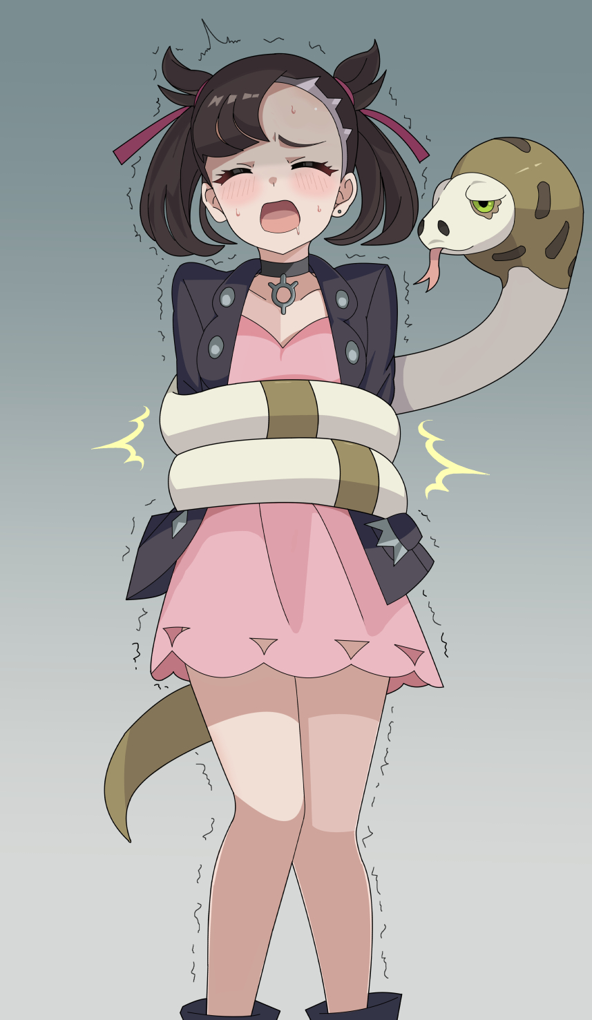 1girl asymmetrical_bangs black_footwear black_hair black_jacket blush closed_eyes coiled collarbone commentary_request constriction dress earrings eyelashes gen_8_pokemon grey_background hair_ribbon highres jacket jewelry marnie_(pokemon) nintendo open_clothes open_jacket open_mouth pink_dress pokemon pokemon_(creature) pokemon_swsh purin_(pepeperonn) purple_ribbon ribbon shoes silicobra snake standing sweat trembling twintails