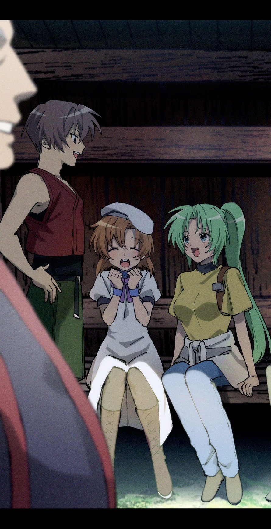 2boys 2girls arm_support blue_shirt blush boots breasts brown_boots brown_eyes brown_hair clenched_hands clothes_around_waist commentary_request denim dress excited green_eyes green_hair green_shorts hands_on_own_hips highres higurashi_no_naku_koro_ni holster jeans juliet_sleeves knee_boots knees_together_feet_apart large_breasts letterboxed long_sleeves maebara_keiichi multiple_boys multiple_girls nishino_(fetv8484) ooishi_kuraudo pants ponytail puffy_sleeves purple_ribbon red_suspenders red_tank_top ribbon round_teeth ryuuguu_rena shirt shorts shoulder_holster sitting smile sonozaki_mion suspenders sweater sweater_around_waist swept_bangs tank_top teeth upper_teeth_only white_dress yellow_shirt