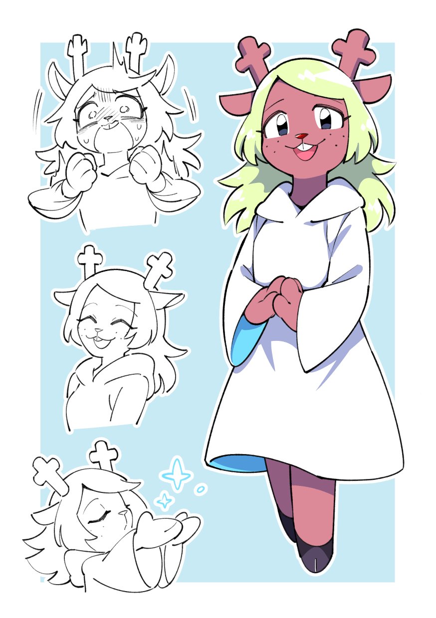 1girl animal_ears antlers blonde_hair buck_teeth closed_eyes deer_ears deer_girl deltarune eyelashes freckles highres hooded_robe hooves horns long_hair looking_at_viewer noelle_holiday open_mouth own_hands_together robe scared simple_background smile solo standing suzumushi_(tanpopo_cha) teeth white_robe