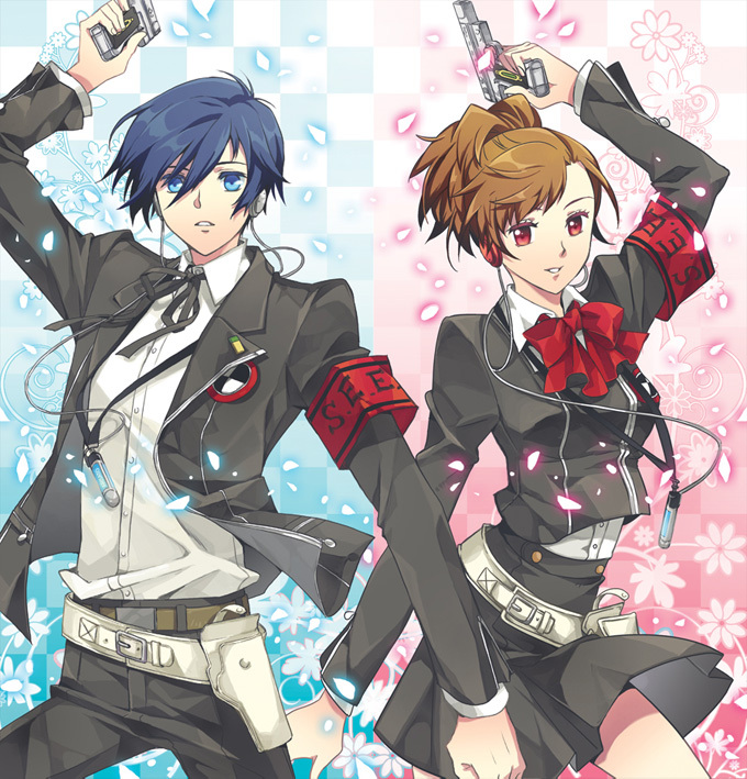armband atlus bad_id bad_pixiv_id belt blue_eyes blue_hair bow brown_hair crossdraw_holster digital_media_player evoker gun gun_holster hair_ornament hairclip headphones holster jacket persona persona_3 persona_3_portable ponytail red_eyes ron_(lovechro) school_uniform shiomi_kotone short_hair skirt smile weapon yuuki_makoto_(persona_3)