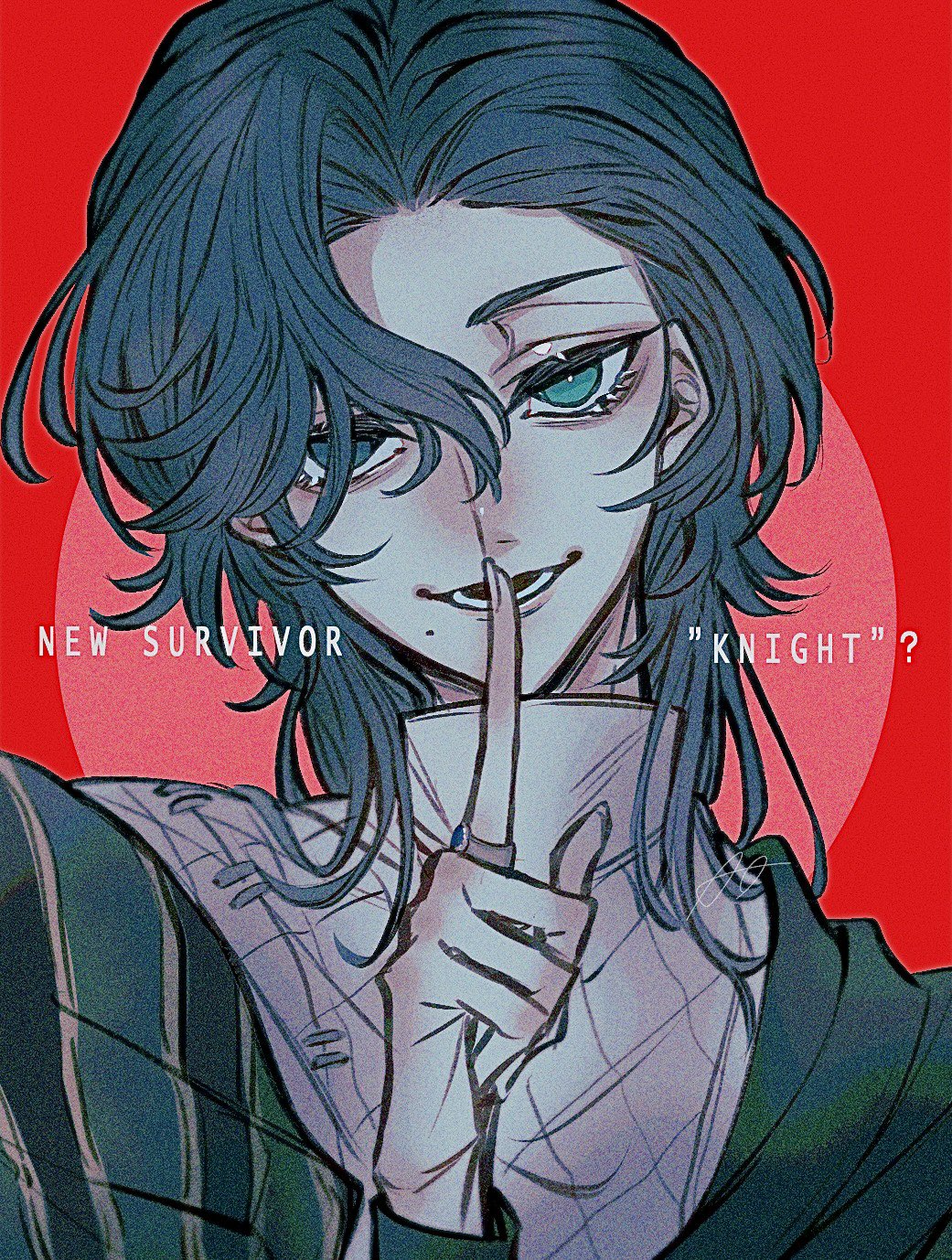 1boy aqua_eyes blue_eyes blue_hair cape collared_vest commentary film_grain green_cape green_shirt hair_over_one_eye head_tilt heterochromia high_collar highres identity_v index_finger_raised jewelry male_focus medium_hair mole mole_under_eye n0kin_monooki58 open_mouth red_background richard_sterling ring shirt simple_background smile solo upper_body vest white_vest