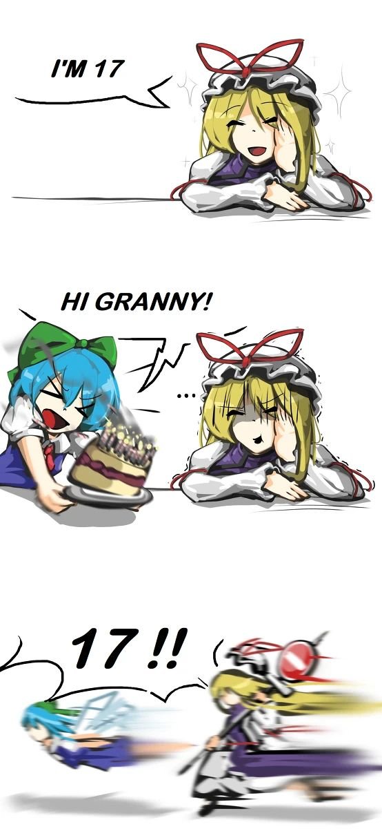 birthday birthday_cake blonde_hair blue_hair cake chasing cirno dress food fumogameing hat highres insult mob_cap road_sign running sign tabard touhou white_dress yakumo_yukari
