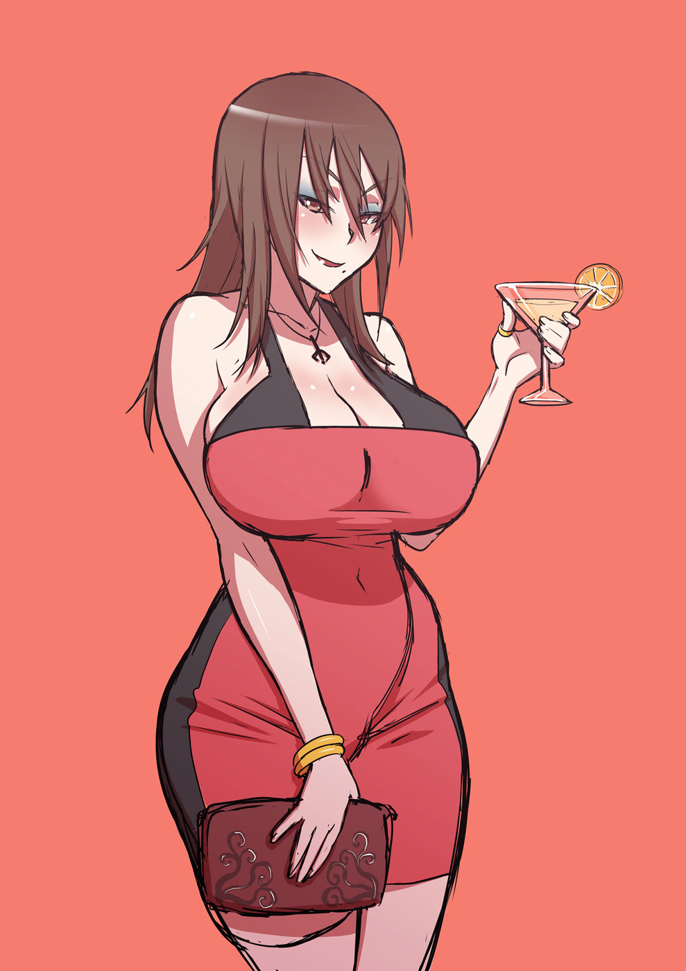 1girl bag bare_shoulders bracelet breasts brown_eyes brown_hair cleavage cocktail cocktail_glass covered_navel cup dress drinking_glass eyeshadow female_focus food fruit handbag highres huge_breasts jewelry kjech lemon lemon_slice long_hair looking_at_viewer makeup mida_rana necklace red_dress smile solo standing thumb_ring yandere_simulator