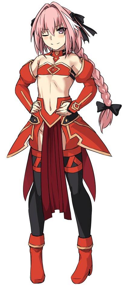 1boy astolfo_(fate) blush braid cosplay costume_switch fate/apocrypha fate_(series) full_body hair_intakes hands_on_own_hips long_hair male_focus midriff mordred_(fate) mordred_(fate)_(cosplay) mordred_(fate/apocrypha) navel one_eye_closed pelvic_curtain pink_hair purple_eyes shiseki_hirame simple_background single_braid solo split_mouth standing trap white_background
