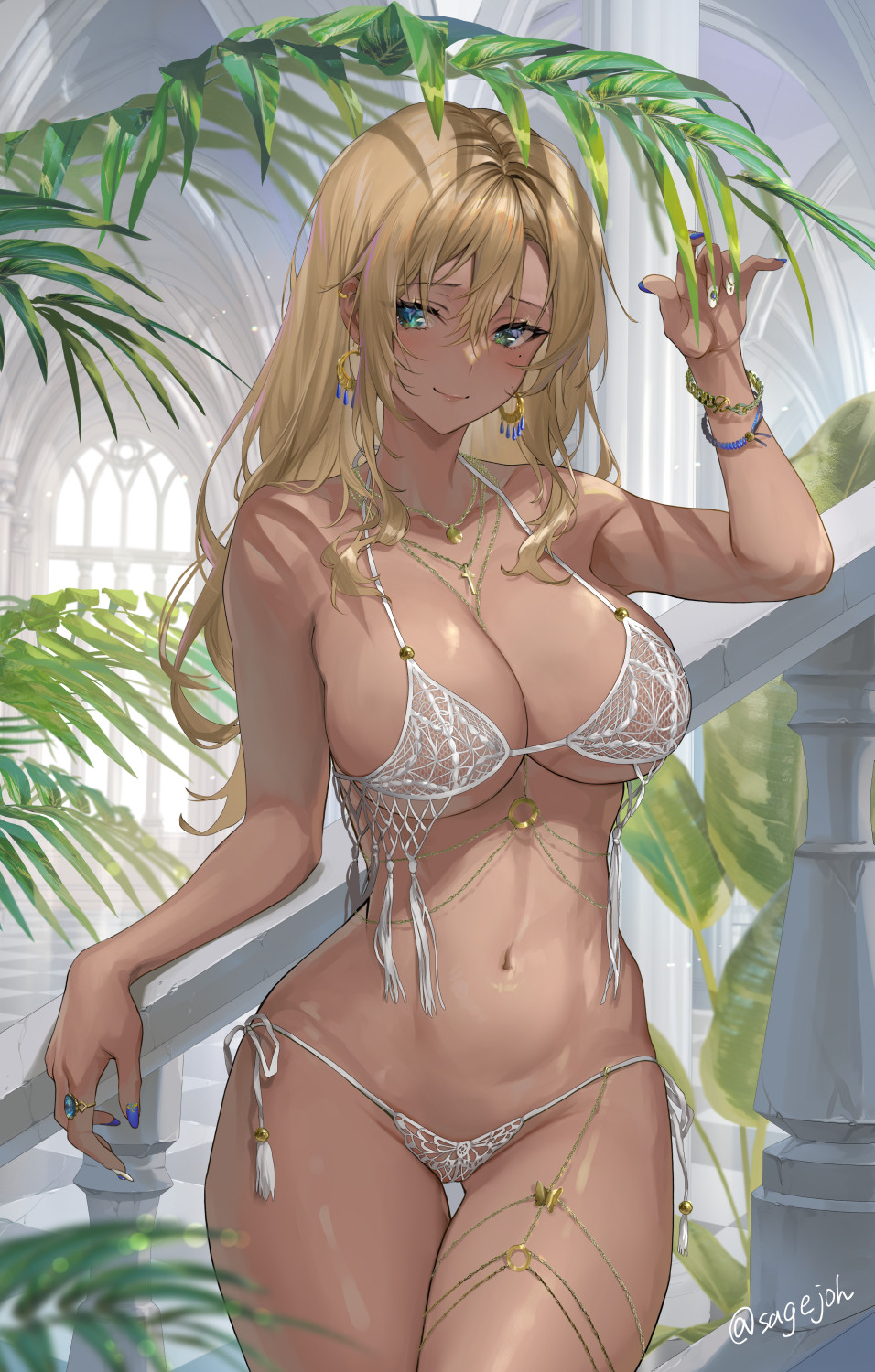 1girl belly_chain bikini blonde_hair blue_nails blurry blush bracelet breasts cleavage closed_mouth commentary cowboy_shot cross cross_necklace dark-skinned_female dark_skin depth_of_field ear_piercing earrings green_eyes hair_between_eyes hand_up highres jewelry lace_bikini large_breasts latin_cross leaf long_hair looking_at_viewer mole mole_under_eye multiple_necklaces nail_art nail_polish navel necklace original piercing plant railing ring sage_joh side-tie_bikini_bottom sideboob smile solo string_bikini swimsuit symbol-only_commentary tassel thigh_gap thighs twitter_username underboob vegetation white_bikini