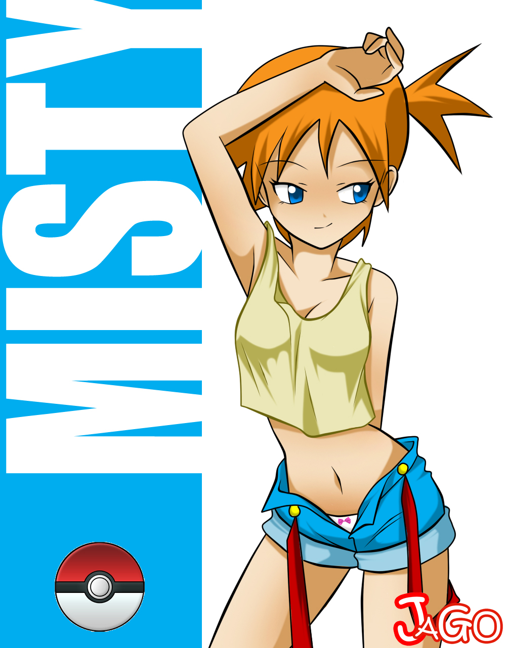 blue_eyes blue_shorts bow bow_panties breasts hand_up jago_dibuja large_breasts looking_to_the_side midriff misty_(pokemon) navel nintendo open_clothes open_shorts orange_hair panties pokeball_logo pokemon pokemon_(anime) pokemon_(classic_anime) ponytail red_suspenders shirt short_hair shorts side_ponytail smile suspenders t-shirt underwear white_panties yellow_shirt