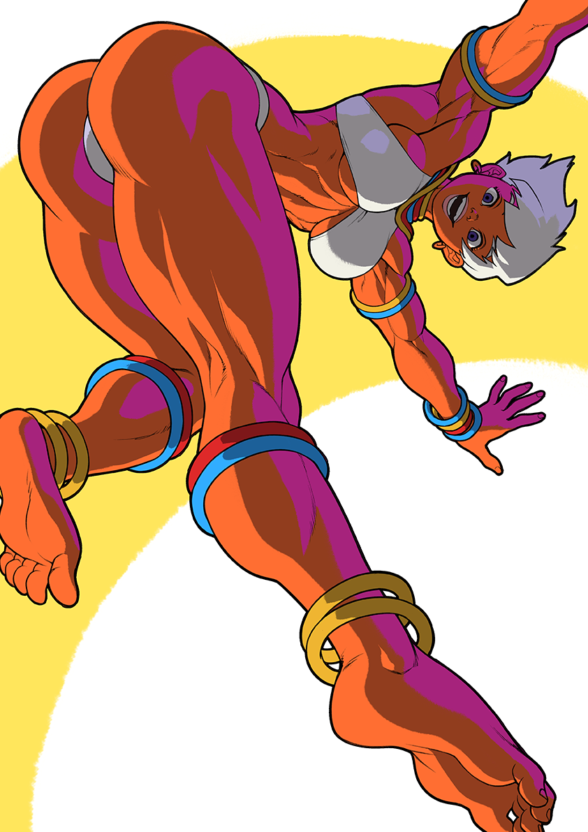 1girl anklet armlet ass barefoot blue_eyes bracelet breasts dark-skinned_female dark_skin earrings elena_(street_fighter) feet jewelry looking_at_viewer medium_breasts muscular muscular_female neck_ring open_mouth outstretched_arms pokkuti simple_background smile soles solo street_fighter underboob white_hair