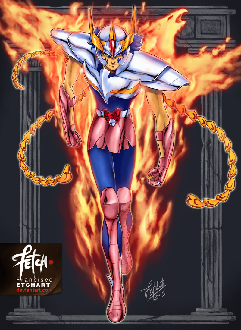 1980s_(style) 1boy 2015 arch armor belt bird blue_eyes blue_hair boots chain dated deviantart_username energy fingerless_gloves fire franciscoetchart gloves helmet looking_at_viewer official_style retro_artstyle phoenix phoenix_ikki pillar realistic retro_artstyle saint_seiya serious sideburns signature walking