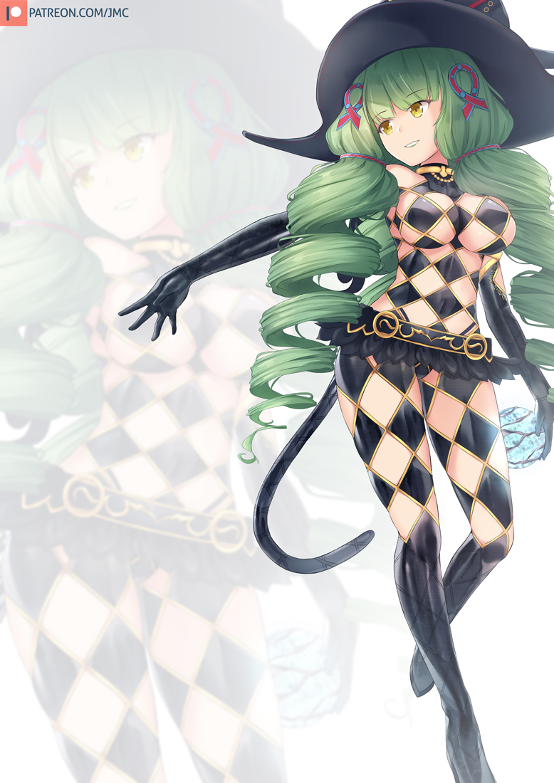 1girl argyle_clothes argyle_cutout argyle_legwear black_gloves black_hat breasts clothing_cutout commentary_request drill_hair elbow_gloves female_focus fiore_brunelli gloves graphite_(medium) green_hair hair_ornament hat joko_jmc large_breasts long_hair miniskirt revealing_clothes skirt smile solo star_ocean star_ocean_integrity_and_faithlessness tail traditional_media twin_drills witch_hat yellow_eyes