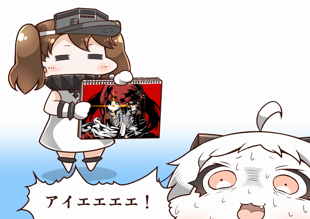 3girls abyssal_ship ahoge alternate_costume brown_eyes brown_hair comic cosplay crossover dress closed_eyes fujikido_kenji fujikido_kenji_(cosplay) hair_ornament horns kantai_collection long_hair looking_at_viewer mittens multiple_girls ninja_slayer northern_ocean_hime_(cosplay) northern_ocean_princess open_mouth pale_skin red_eyes ryuujou_(kancolle) sendai_(kancolle) sleeveless sleeveless_dress tanaka_kusao white_dress white_hair