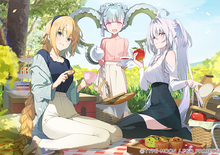 3girls ahoge akinashi_yuu alternate_costume apple blonde_hair blue_eyes closed_mouth cup day fate/grand_order fate_(series) food fruit holding holding_cup horns jeanne_d&#039;arc_(fate) larva_tiamat_(fate) long_hair merlin_(fate/prototype) multiple_girls open_mouth outdoors pants picnic picnic_basket pink_eyes shirt_tucked_in sitting skirt smile star-shaped_pupils star_(symbol) symbol-shaped_pupils teacup tiamat_(fate) watermark white_hair