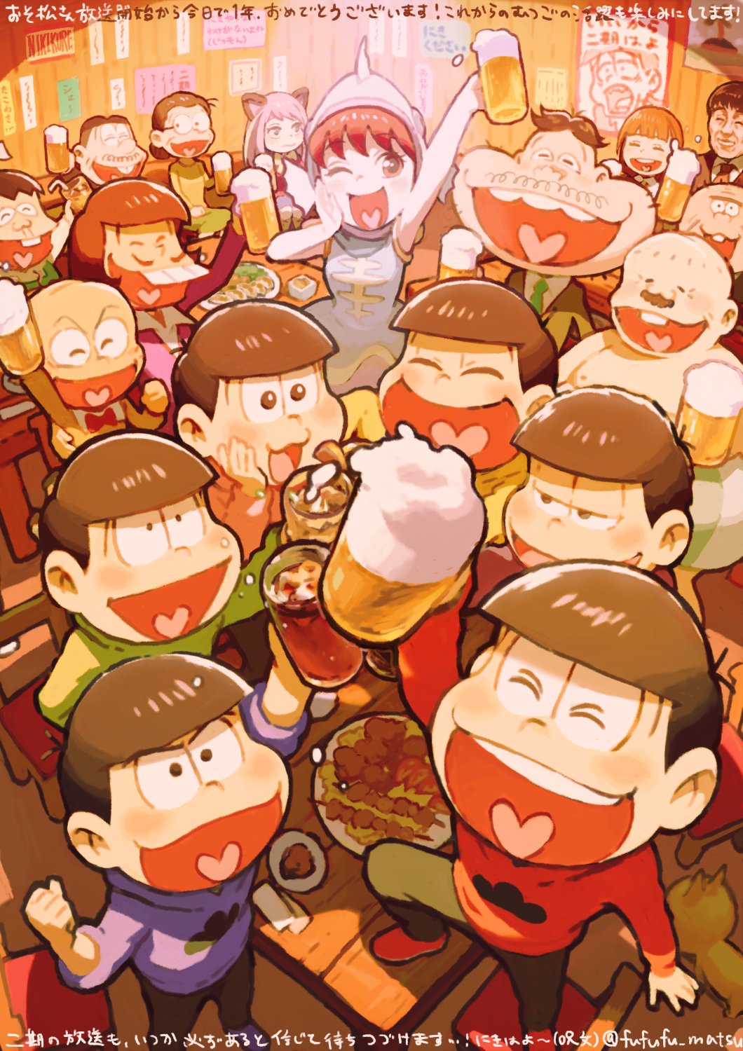 10s 4girls 6+boys :3 animal_ears bad_id bad_twitter_id bald beer_mug bow bowtie brown_eyes brown_hair buck_teeth cat_ears chibita cup dayoon dekapan facial_hair fish_hood food formal_clothes from_above funuyu hashimoto_nyaa hatabou heart heart_in_mouth highres hijirisawa_shonosuke hood hoodie idol_clothes iyami jyushimatsu&#039;s_girlfriend long_sleeves matsuno_choromatsu matsuno_ichimatsu matsuno_jyushimatsu matsuno_karamatsu matsuno_matsuyo matsuno_matsuzou matsuno_osomatsu matsuno_todomatsu mug multiple_boys multiple_girls mustache old old_man on_table one_eye_closed osomatsu-kun osomatsu-san osomatsu_(series) pants pink_hair sanematsu_(osomatsu-san) sitting sleeves_past_wrists smile striped_clothes striped_pants suit table teeth toasting_(gesture) topless_male traditional_bowtie triangle_mouth yowai_totoko