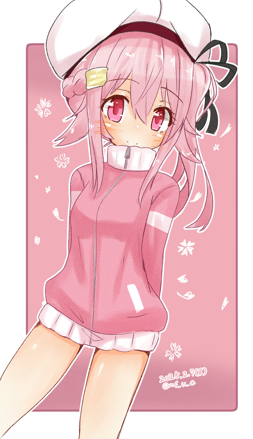 1girl alternate_costume beret braid feet_out_of_frame hair_flaps hair_ornament hairclip half_up_braid harusame_(kancolle) harusame_kai_ni_(kancolle) hat highres jacket kantai_collection mf_u_c no_pants outside_border pink_background pink_hair pink_jacket side_ponytail solo track_jacket two-tone_background white_hat