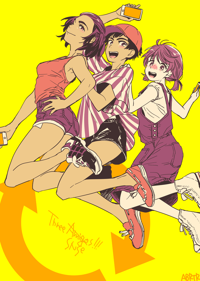 3girls :d arrow_(symbol) baseball_cap black_hair brown_eyes brown_hair cellphone converse dark_skin dark-skinned_female denim denim_shorts english_text freckles genderswap genderswap_(mtf) hand_on_another&#039;s_shoulder hand_on_own_hip hat ji_guang-hong jumping leo_de_la_iglesia low_twintails multiple_girls open_mouth overalls phichit_chulanont phone shoes shorts smartphone smile sneakers twintails yukataro yuri!!!_on_ice