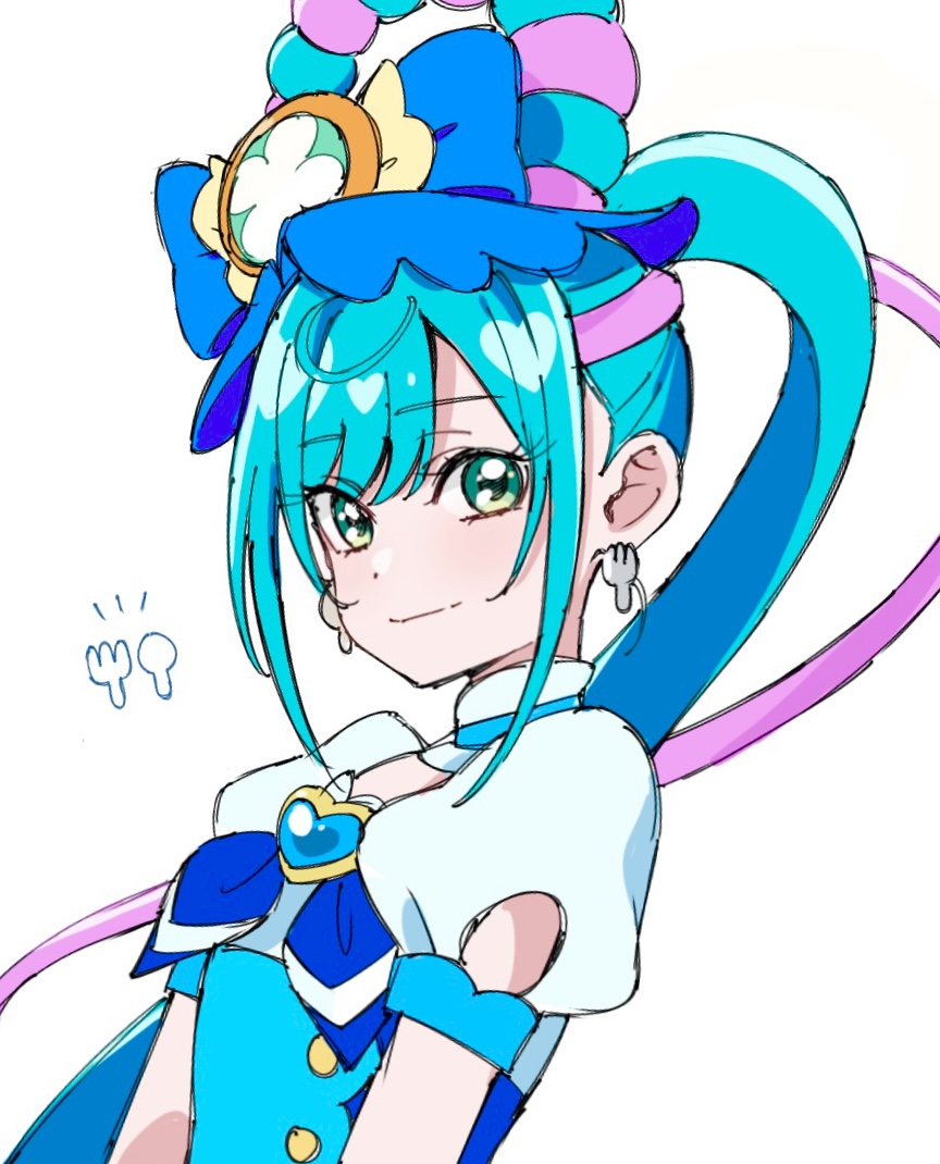 1girl blue_bow blue_gemstone blue_hair bow closed_mouth cure_spicy delicious_party_precure earrings fuwa_kokone gem green_eyes hair_bow jewelry long_hair ponytail precure shirako_love shirt short_sleeves simple_background sketch smile solo underbust very_long_hair white_background white_shirt