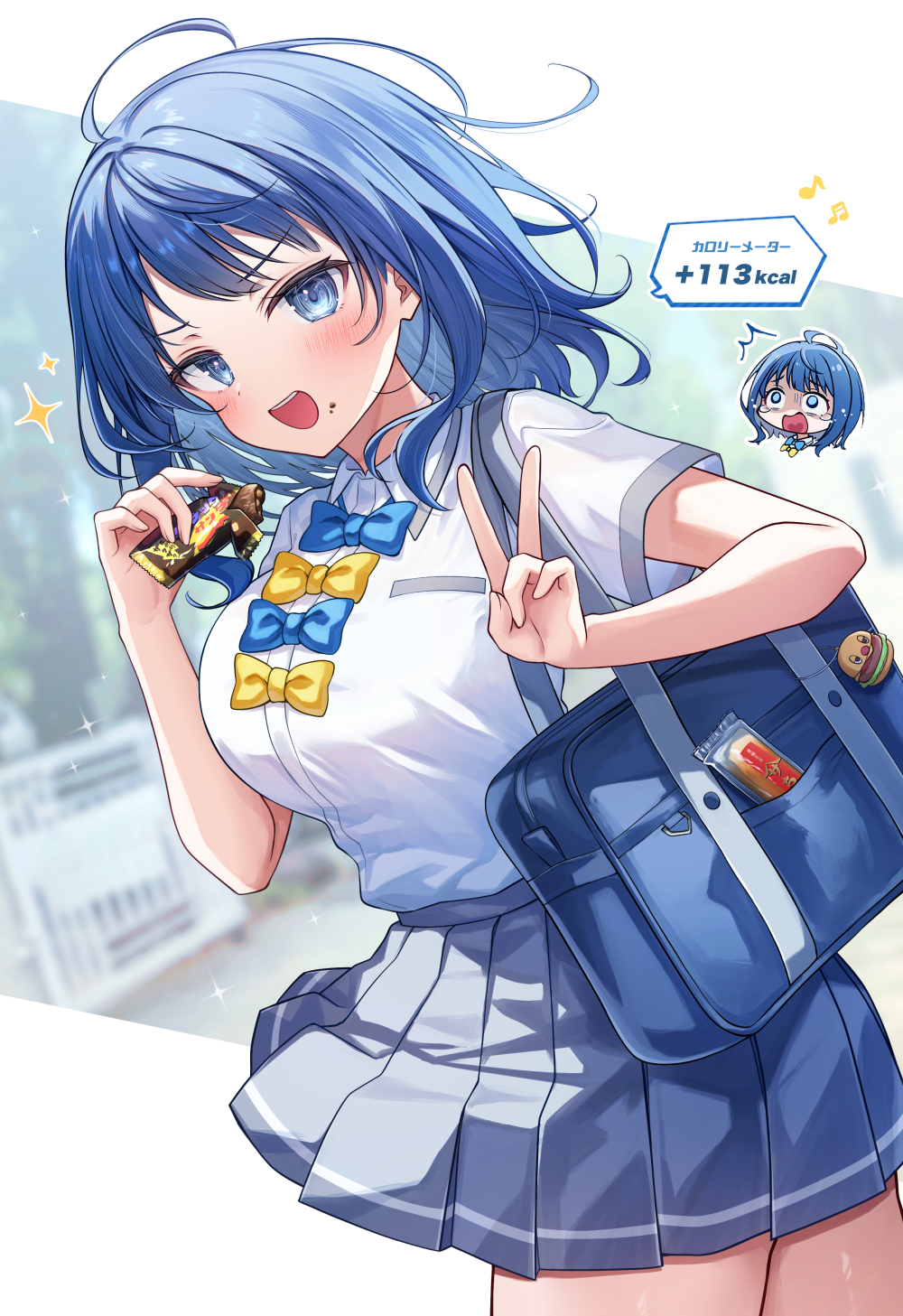 1girl :d ^^^ bag beamed_sixteenth_notes blue_bow blue_eyes blue_hair blush bow breasts collared_shirt commentary_request dress_shirt eating eighth_note food food_on_face grey_skirt gyozanuko highres holding holding_food long_hair looking_at_viewer make_heroine_ga_oo_sugiru! medium_breasts multiple_views musical_note open_mouth pleated_skirt school_bag school_uniform shirt short_sleeves skirt smile tears translation_request turn_pale white_shirt yanami_anna yellow_bow