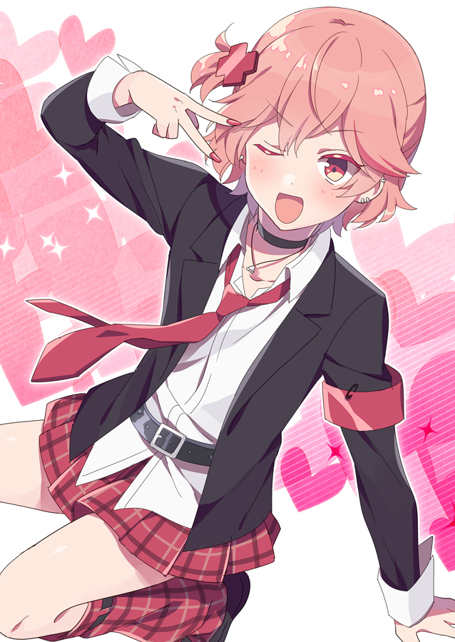 1boy androgynous belt cosplay crossdressing dankira!!! gyaru hinamori_amu hinamori_amu_(cosplay) hinata_mahiru leg_warmers long_sleeves male_focus one_eye_closed pink_eyes pink_hair plaid_clothes plaid_leg_warmers plaid_legwear plaid_skirt pleated_skirt riku_(melty_drop) short_hair shugo_chara! skirt solo trap