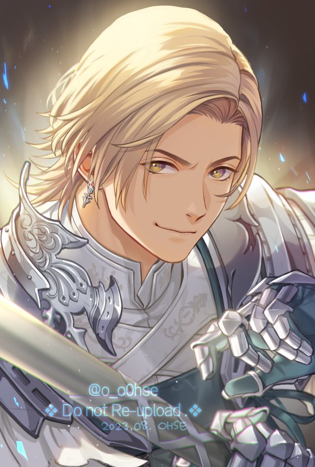 1boy armor blonde_hair closed_mouth dated dion_lesage earrings final_fantasy final_fantasy_xvi furrowed_brow holding holding_polearm holding_weapon jewelry looking_at_viewer male_focus medium_hair metal_gloves ohse parted_bangs polearm portrait shoulder_armor smile solo swept_bangs twitter_username weapon yellow_eyes
