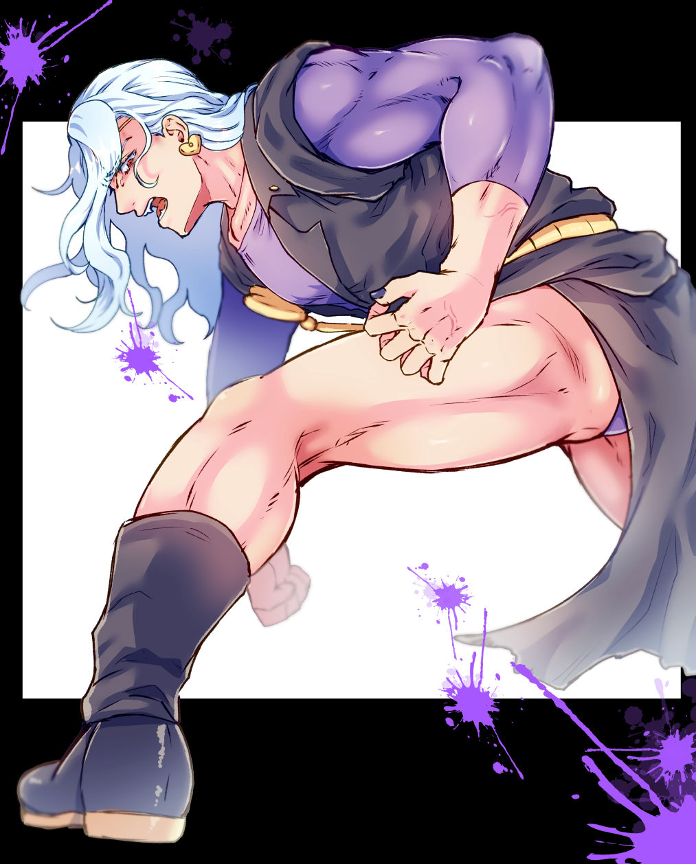 1boy black_boots boots commentary_request earrings from_side giga_omega heart heart_earrings highres jewelry jojo_no_kimyou_na_bouken long_hair male_focus muscular muscular_male paint_splatter profile red_eyes solo squatting stardust_crusaders vanilla_ice veins white_hair