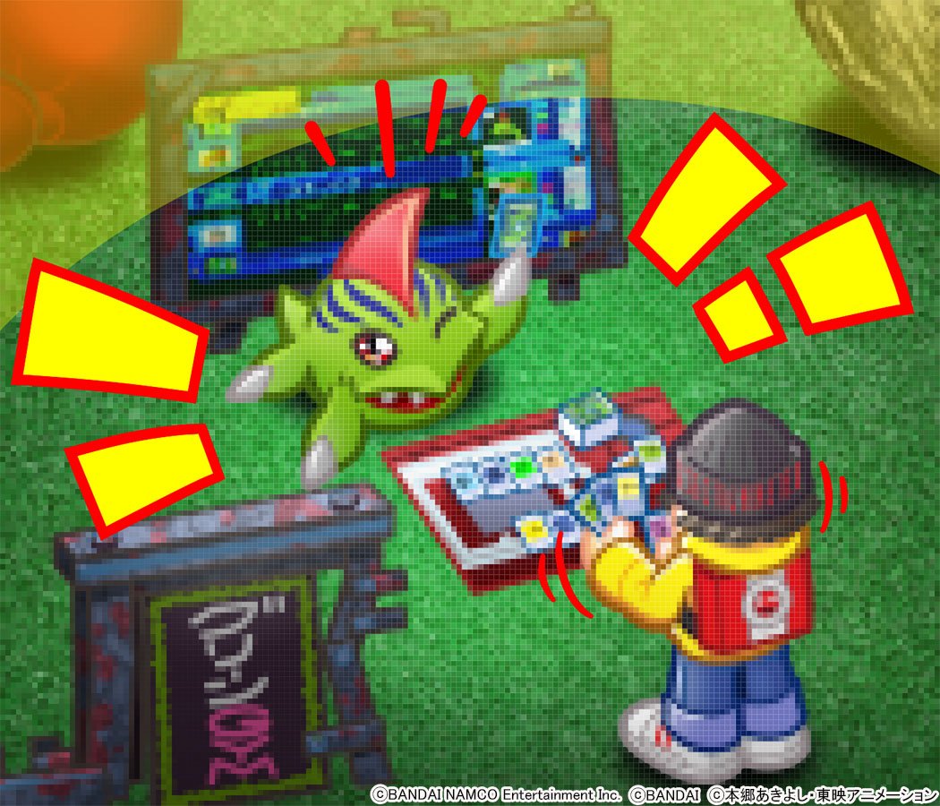 1boy beanie betamon black_hat card digimon digimon_(creature) digimon_world digimon_world:_digital_card_battle hat holding holding_card jacket mameo_(digimon) official_art one_eye_closed pixel_art trading_card yellow_jacket