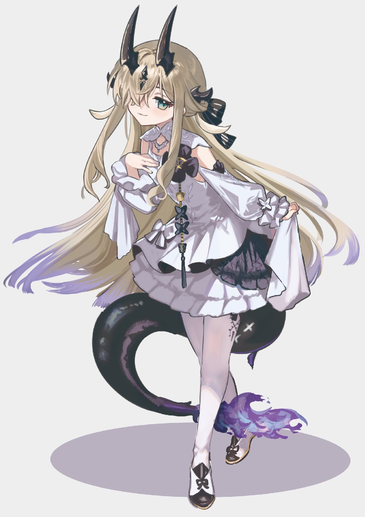 1girl aged_down arknights bare_shoulders black_horns black_tail blonde_hair closed_mouth dress fire flame-tipped_tail full_body gradient_hair green_eyes grey_background hair_over_one_eye hand_on_own_chest highres horns long_hair long_sleeves looking_at_viewer mabing multicolored_hair necrass_(arknights) one_eye_covered pantyhose purple_fire purple_hair simple_background smile solo standing streaked_hair tail very_long_hair white_dress white_pantyhose