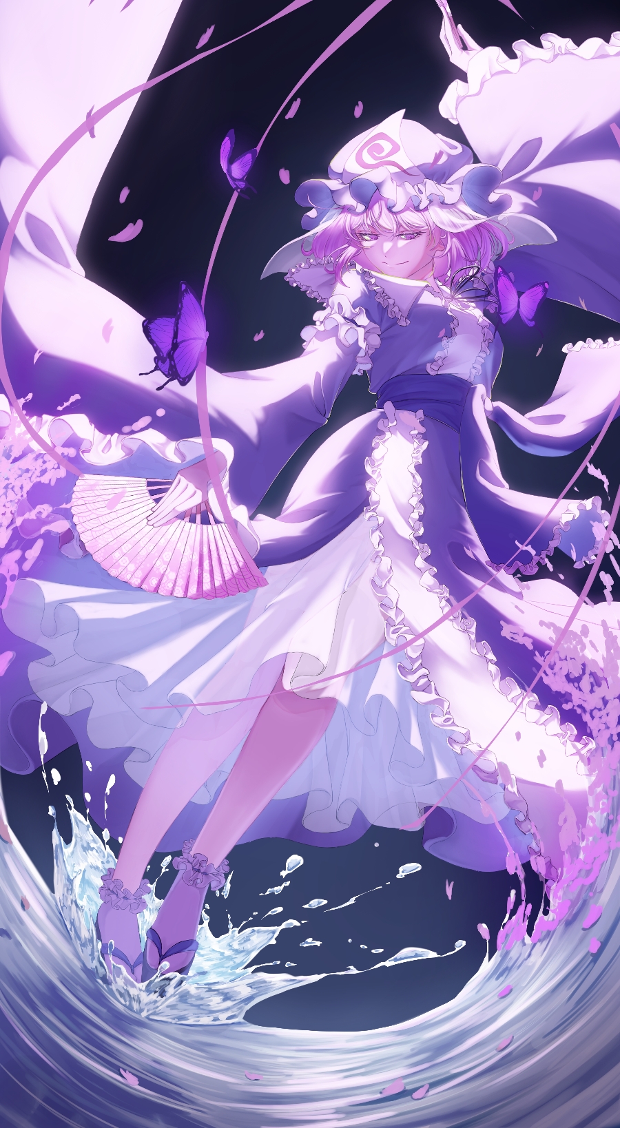 1girl arm_up black_background black_ribbon blue_hat blue_kimono bug butterfly cherry_blossoms closed_mouth commentary_request dutch_angle falling_petals floating_clothes frilled_kimono frilled_sash frilled_sleeves frilled_socks frills gradient_background hand_fan hat highres holding holding_fan insect japanese_clothes kimono light_smile long_sleeves mob_cap okobo partial_commentary petals petals_on_liquid platform_sandals purple_butterfly purple_eyes purple_hair ribbon saigyouji_yuyuko sandals sash senri_nibe short_hair socks solo splashing standing standing_on_liquid touhou triangular_headpiece veil white_socks wide_sleeves