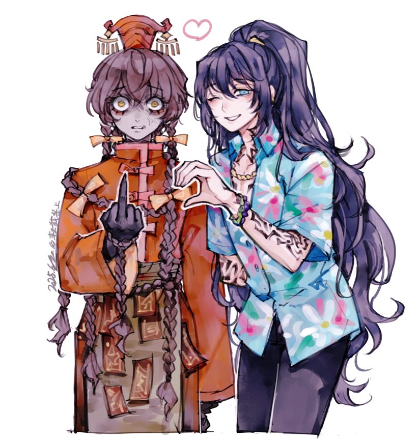 2boys anger_vein arm_tattoo black_hair black_pants blue_eyes braid brown_hair chinese_clothes commentary_request constricted_pupils cropped_legs dated guan_hat hawaiian_shirt heart_hands_failure hong_lu_(project_moon) limbus_company long_hair male_focus mian_guan middle_finger mmm_unicorn multiple_boys multiple_braids pants ponytail project_moon shirt tattoo tingtang_gang_(identity)_(project_moon) very_long_hair wide-eyed xue_pan_(project_moon) yellow_eyes