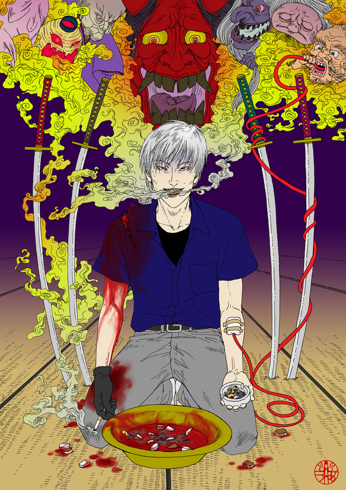 1boy akagi akagi:_yami_ni_oritatta_tensai akagi_shigeru ashtray blood cigarette fine_art_parody fukumoto_mahjong gozu-mezu injury joanna_krotka katana male_focus nihonga oni parody red_eyes scar smoke smoking solo sword traditional_youkai ukiyo-e weapon white_hair