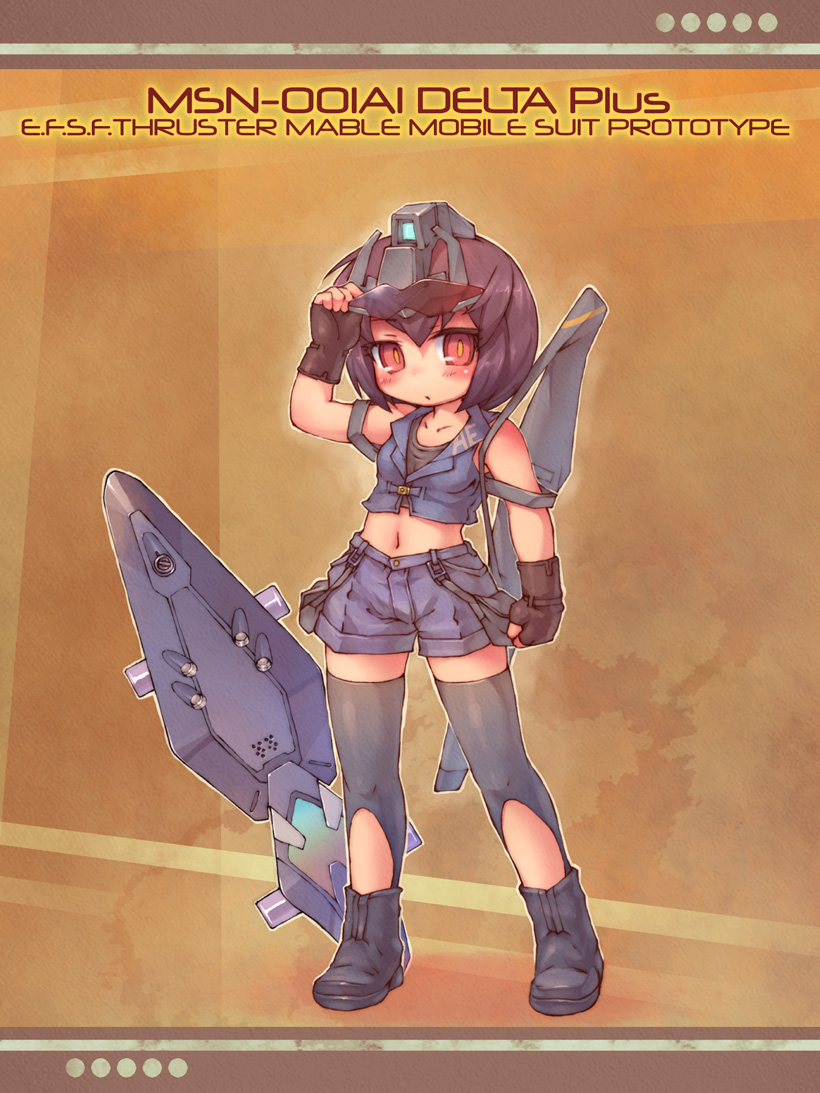 1girl black_gloves boots collarbone delta_plus female_focus fingerless_gloves gloves gundam gundam_unicorn mecha_musume midriff navel purple_hair red_eyes sankuma short_hair shorts solo sunglasses text_focus thighhighs