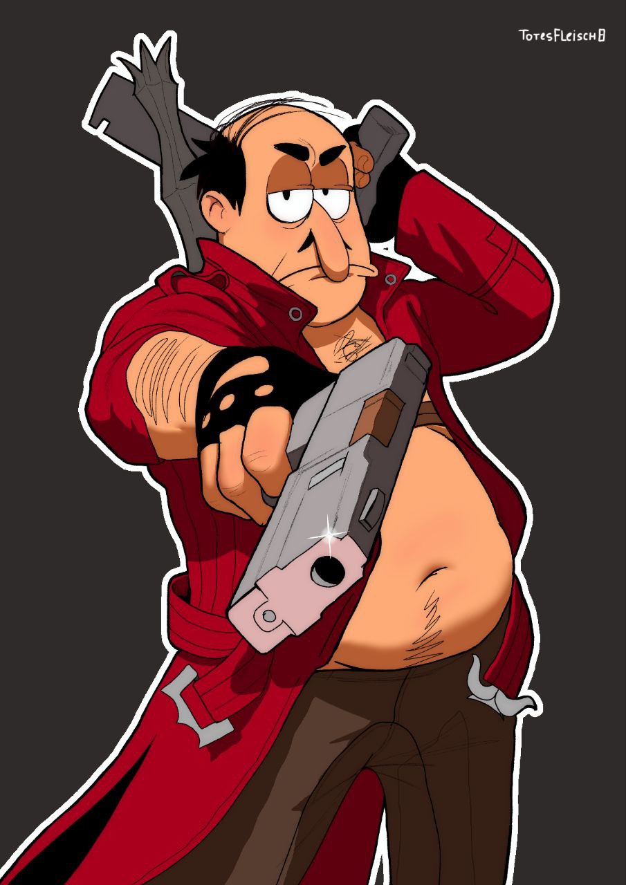 1boy bald_spot black_eyes black_gloves black_hair brown_pants chest_hair coat cosplay dante_(devil_may_cry) dante_(devil_may_cry)_(cosplay) devil_may_cry devil_may_cry_(series) devil_may_cry_3 dual_wielding ebony_&amp;_ivory facial_hair fat fat_man fingerless_gloves gloves grey_background gun handgun highres holding holding_gun holding_weapon male_focus mustache pants peppino_spaghetti pizza_tower rebellion_(sword) red_coat simple_background solo totesfleisch8 weapon