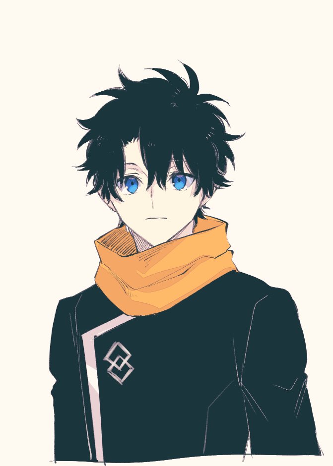 1boy alternate_costume black_hair black_shirt blue_eyes chaldea_logo closed_mouth fate/grand_order fate_(series) fujimaru_ritsuka_(male) fujimaru_ritsuka_(male)_(true_ether_chaldea_uniform) looking_at_viewer male_focus official_alternate_costume orange_scarf scarf shirt solo upper_body urup_zzz white_background