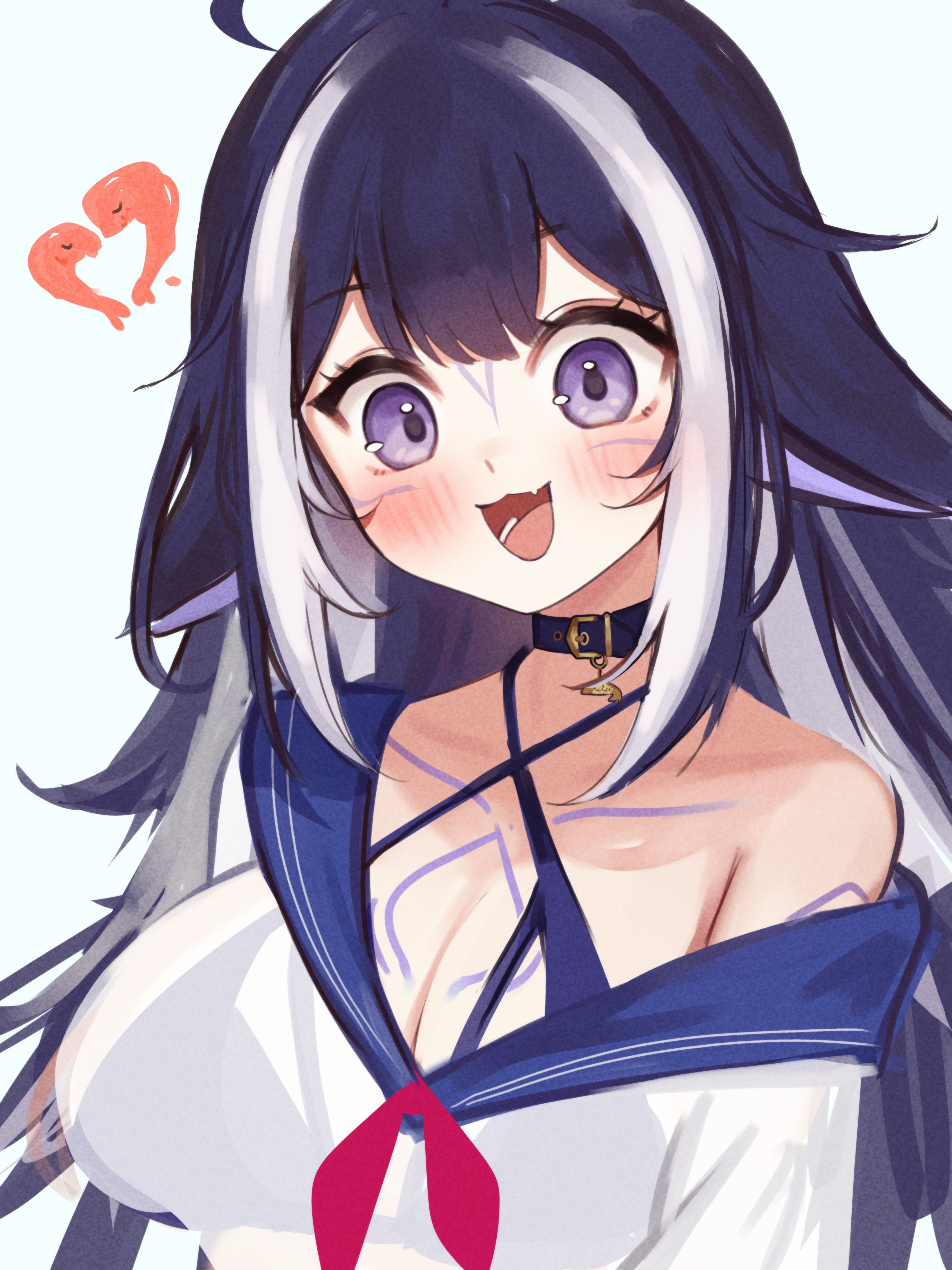 1girl absurdres ahoge animal_ears belt_collar bikini bikini_under_clothes black_collar black_hair blue_bikini blue_sailor_collar blush body_markings breasts cleavage collar facial_mark fang halterneck heart heart_ahoge highres indie_virtual_youtuber large_breasts looking_at_viewer multicolored_hair open_mouth purple_eyes sailor_collar school_uniform see-through_clothes see-through_shirt serafuku shirt shylily shylily_(1st_costume) skin_fang sky_above_me smile solo streaked_hair swimsuit virtual_youtuber white_hair white_serafuku white_shirt