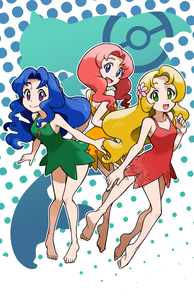 3girls blonde_hair blue_eyes blue_hair daisy_(pokemon) dress flower full_body green_dress green_eyes hair_ornament lily_(pokemon) long_hair mabu_(dorisuto) multiple_girls nintendo open_mouth pokemon pokemon_(anime) pokemon_(classic_anime) purple_eyes red_dress red_hair siblings sisters smile violet_(pokemon) yellow_dress