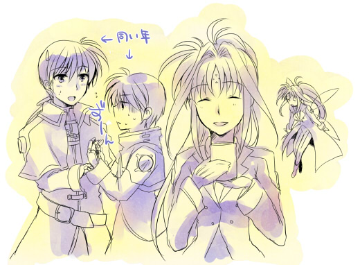 00s 2boys 2girls aged_down aged_up arrow_(symbol) chrono_harlaown closed_eyes dual_persona facial_mark fairy fairy_wings forehead_mark gauntlets gloves hair_intakes lindy_harlaown lyrical_nanoha magical_boy mahou_shoujo_lyrical_nanoha military military_uniform mini_person minigirl mother_and_son multiple_boys multiple_girls ponytail takana_(nanao) time_paradox triangle_heart triangle_heart_3 triangle_heart_3_lyrical_toy_box wings